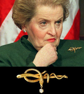 Order of the Snake? Madeleine Albright, former US Secretary of State, who claimed that although her actions created sanctions that needlessly starved 500,000+ innocent Iraqi children to death, “it was worth it”.